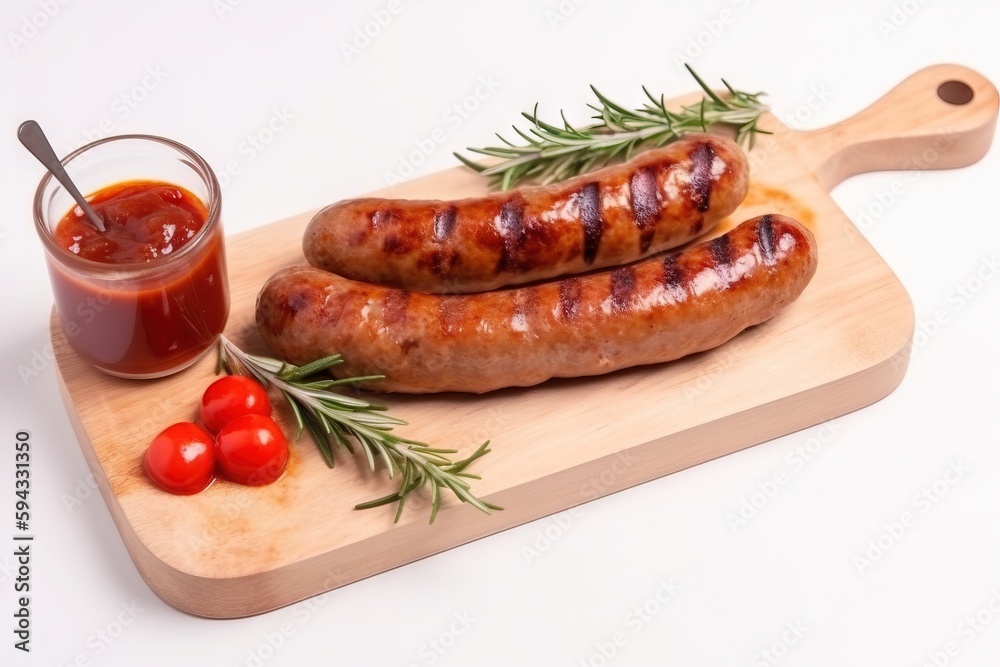  two sausages on a cutting board next to a glass of ketchup and cherry tomatoes on a white backgroun