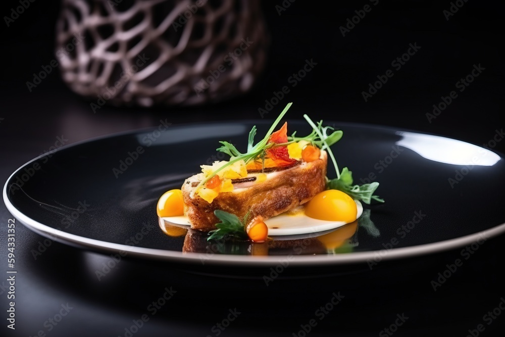  a black plate topped with a piece of meat covered in veggies and sauce next to a vase of oranges an