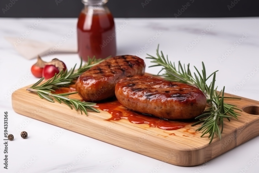  two sausages on a cutting board with ketchup and a bottle of ketchup on the side of the cutting boa