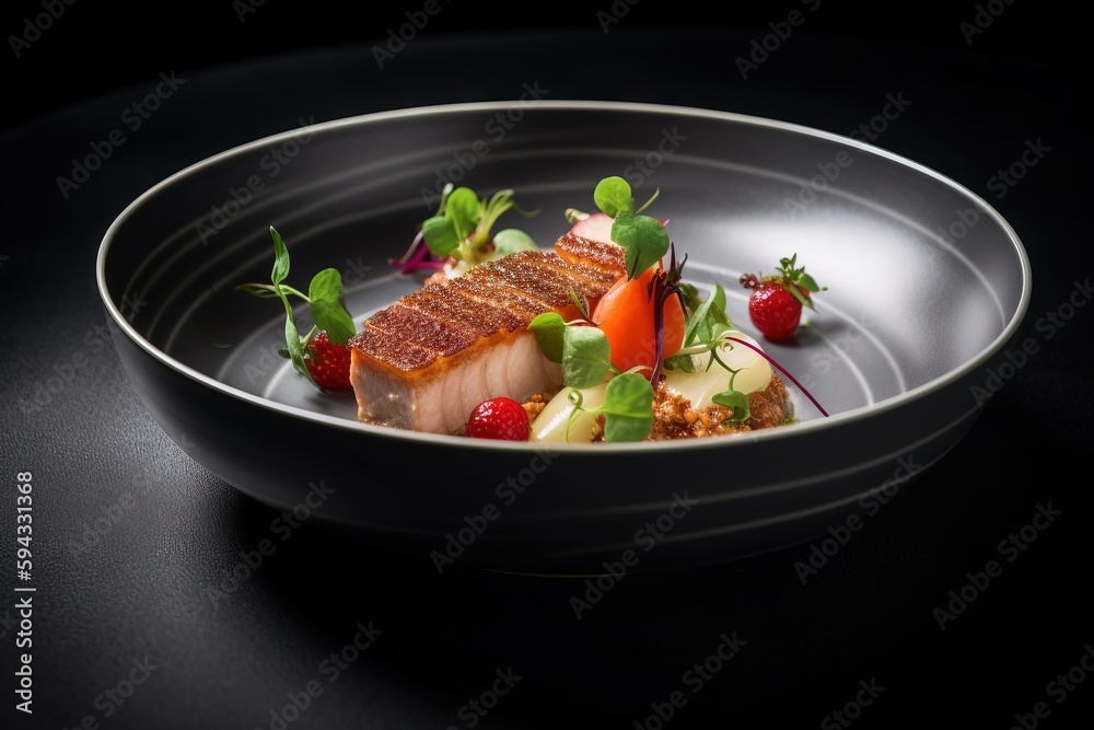  a plate of food with meat, vegetables, and fruit on a black tablecloth with a black background and 