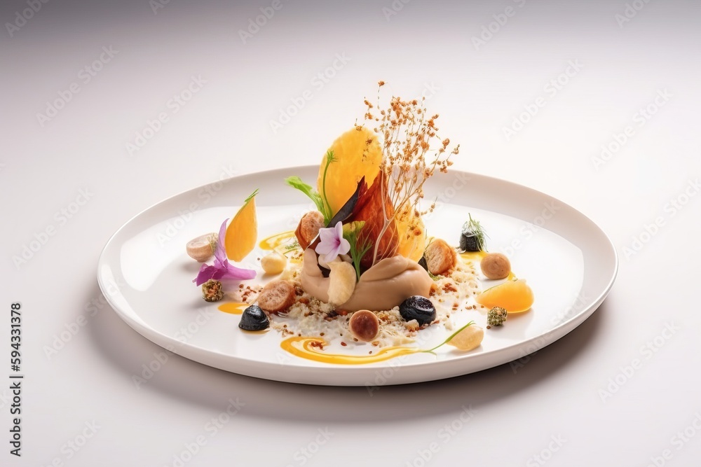  a white plate topped with lots of food on top of a white tablecloth covered tablecloth and a white 