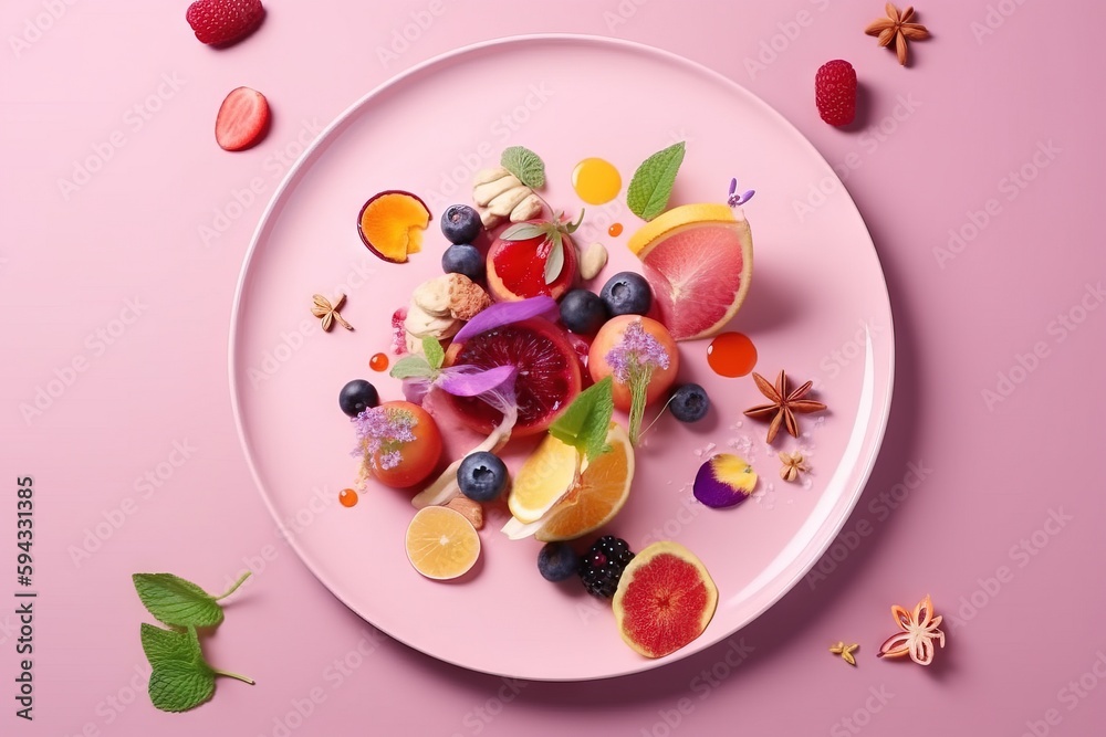  a white plate topped with fruits and vegetables on a pink surface with butterflies and flowers arou