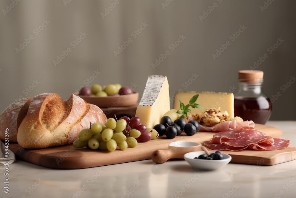  a cutting board topped with bread, grapes, cheese and meats next to a bottle of wine and a bottle o