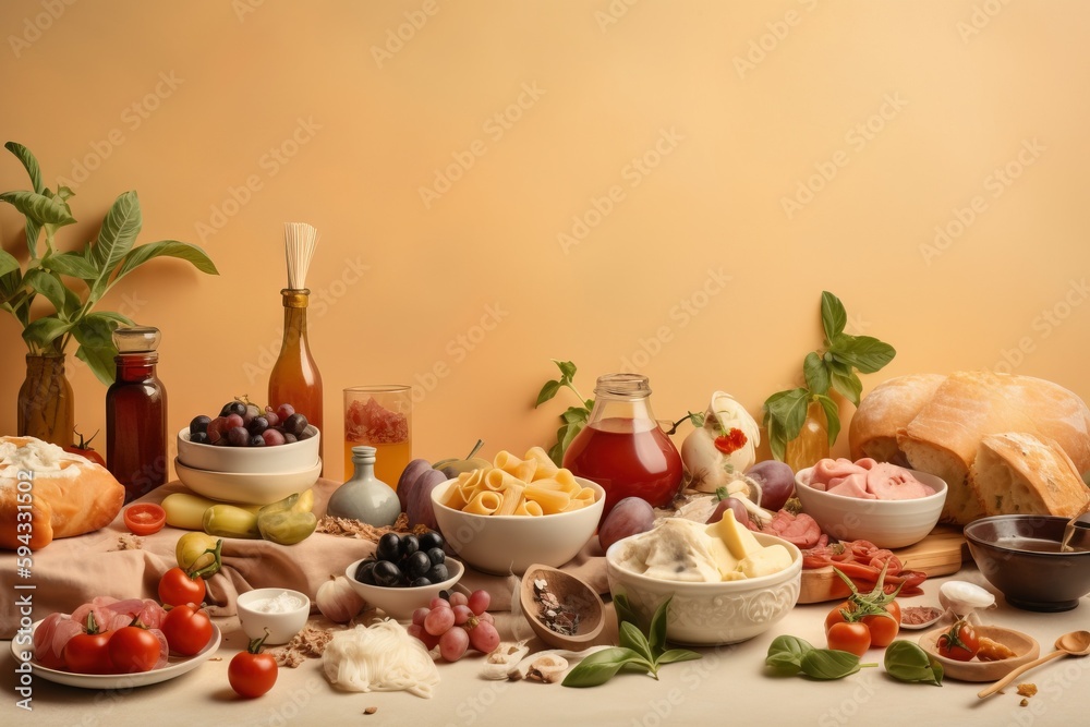  a table topped with lots of different types of food and condiments on top of a white tablecloth cov