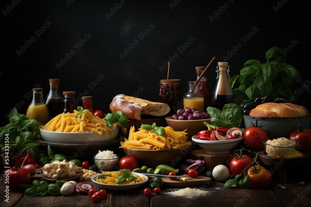  a table topped with lots of different types of food and condiments on top of a wooden table next to