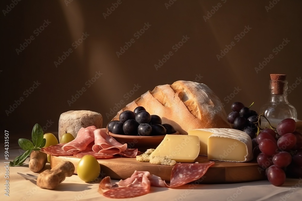  a variety of cheeses, meats, and breads on a cutting board with a bottle of wine and a bottle of wi