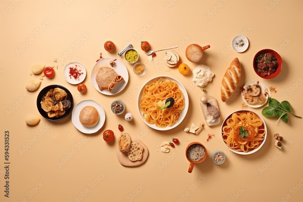  a table topped with plates of food and bowls of food on top of a beige surface with a spoon and a f