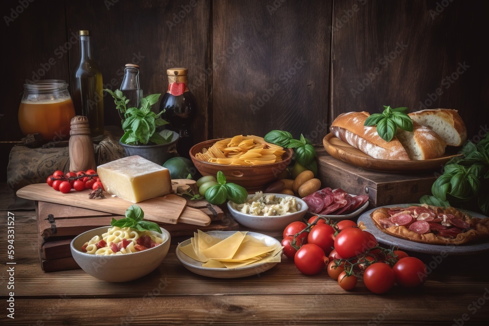  a table topped with lots of different types of food and wine bottles on top of a wooden table next 