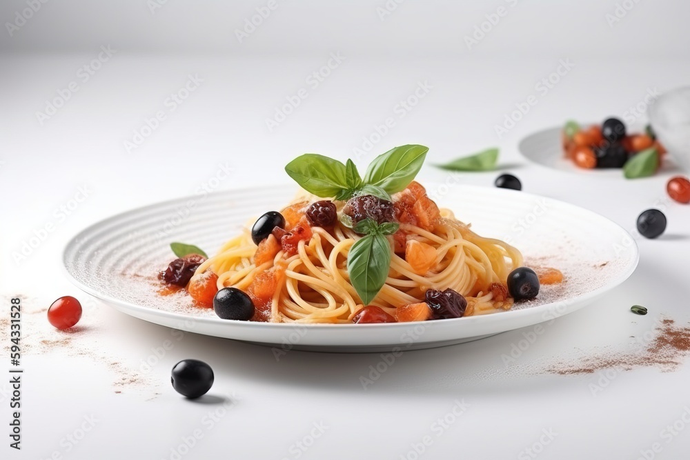  a plate of pasta with olives and tomatoes on a white table with basil leaves on top of the pasta an