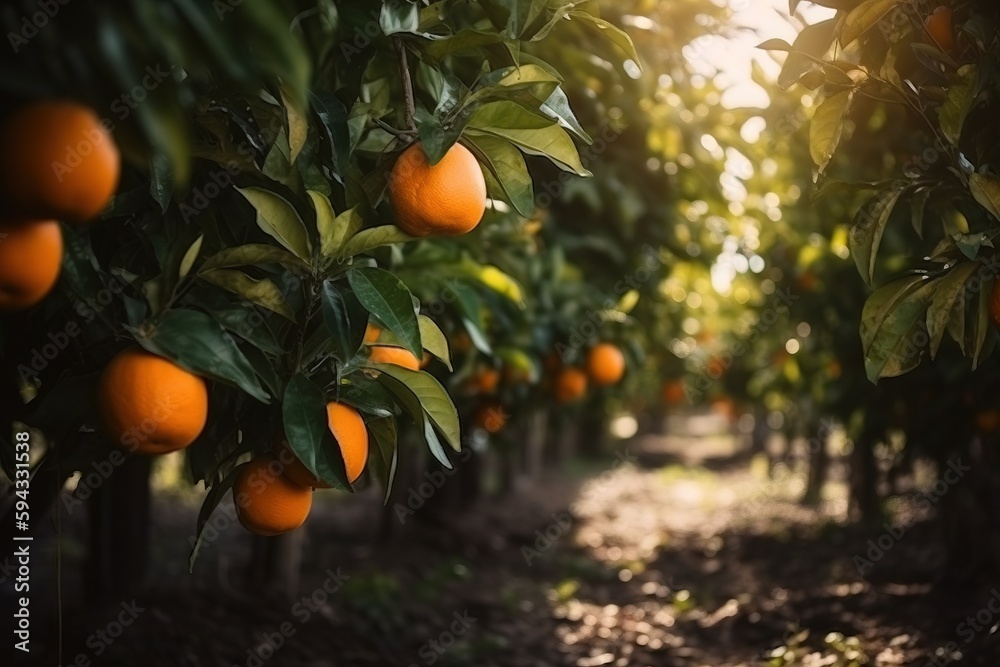  a grove of orange trees with the sun shining through the leaves on the branches of the trees and th