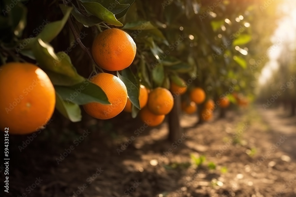  a line of oranges growing on a tree in an orchard with sunlight shining through the leaves on the t