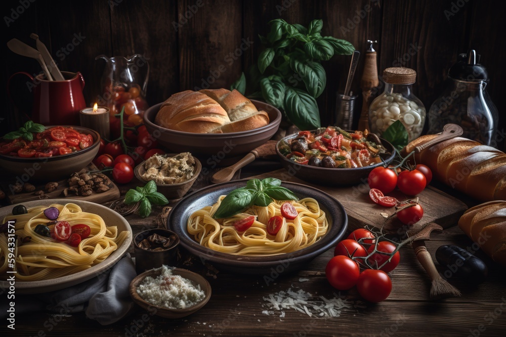  a table topped with lots of different types of pasta and breads on top of a wooden table next to br