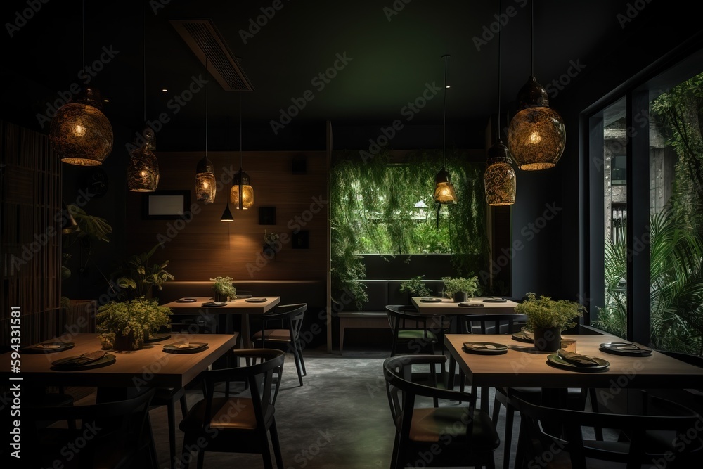  a dimly lit dining room with a lot of plants on the tables and hanging lights on the wall and a lot