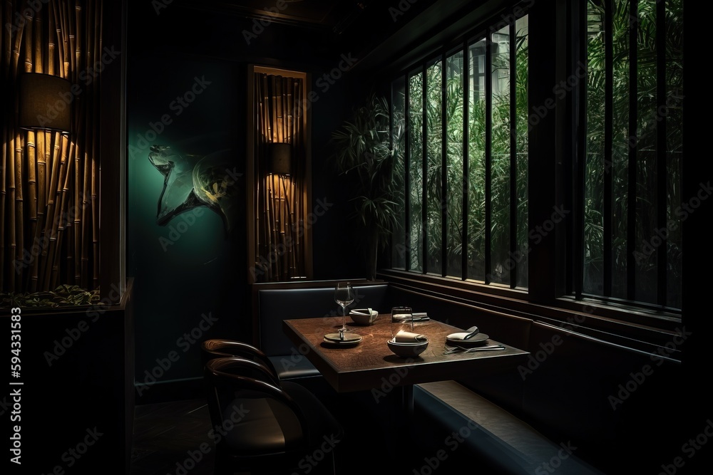  a dimly lit restaurant with bamboo screens and a table with two glasses of wine on it, and a bamboo