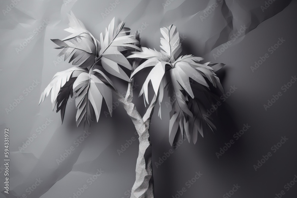  a black and white photo of a palm tree on a gray background with a shadow of leaves on the top of t