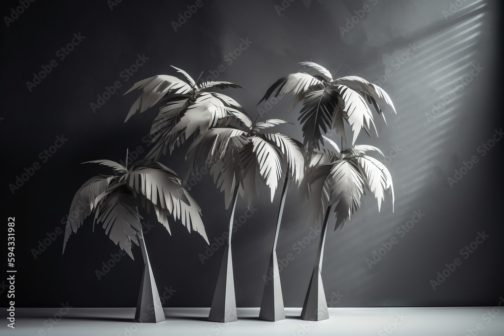  three tall palm trees in a black and white photo with a window behind them and a black and white ph