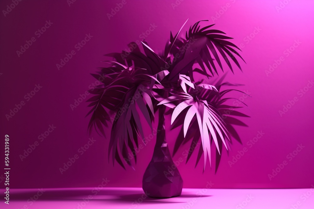  a purple vase with a plant in it on a table against a pink background with a shadow of a palm tree 