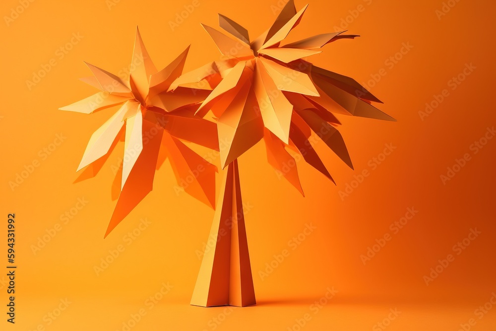  a paper sculpture of a palm tree on an orange background with room for text or image to be placed i