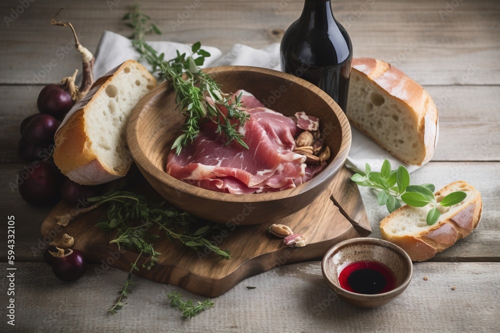  a wooden bowl filled with meat next to bread and a bottle of wine on a wooden table next to bread s