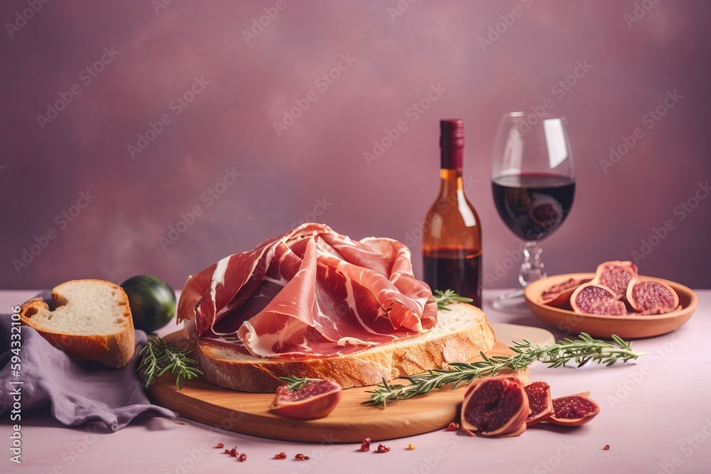  a table topped with bread and meat next to a glass of wine and a bottle of wine and a plate of frui