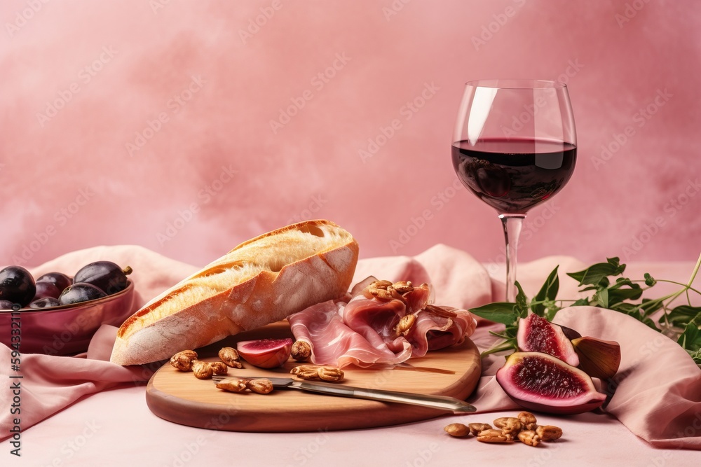  a glass of wine and some food on a wooden cutting board with a pink cloth and a bowl of grapes and 