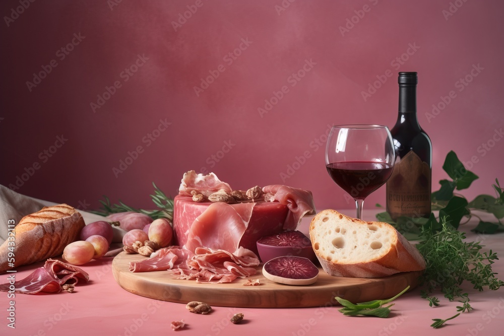  a table topped with bread and meats next to a wine glass and bottle of wine on a pink surface with 