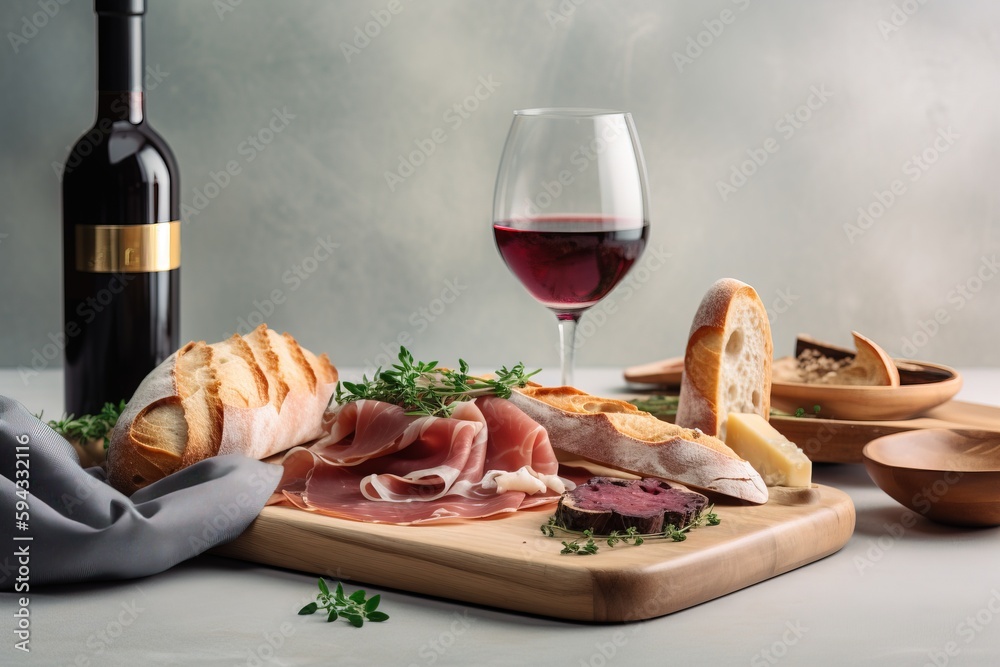  a wine glass and some bread and meats on a cutting board with a bottle of wine and a napkin on a ta