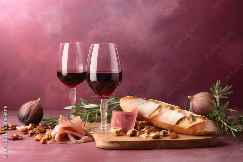  two glasses of red wine and some food on a board with nuts and a piece of bread on a pink surface w