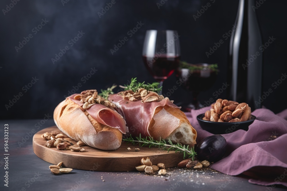  a plate of food and a glass of wine on a table next to a bottle of wine and a plate of nuts and a g