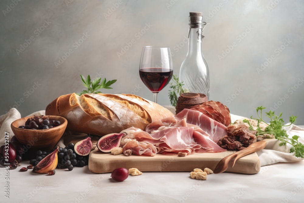  a table topped with bread, meats, and fruit next to a bottle of wine and a glass of wine on top of 