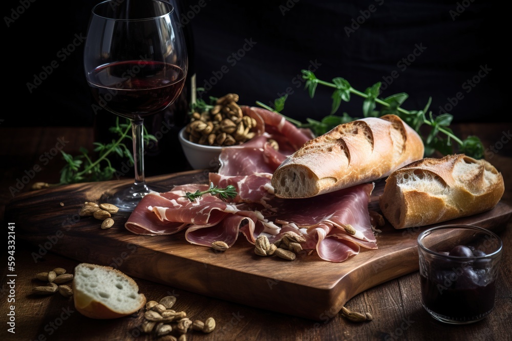  a wooden cutting board topped with bread and meats next to a glass of wine and a bowl of nuts and a