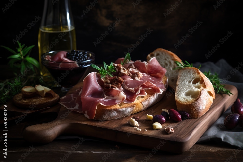  a wooden cutting board topped with a sandwich and a bowl of grapes and nuts next to a glass of oliv