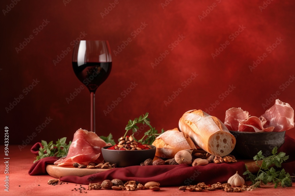  a table topped with a bowl of food and a glass of wine next to a plate of meats and cheeses on a re