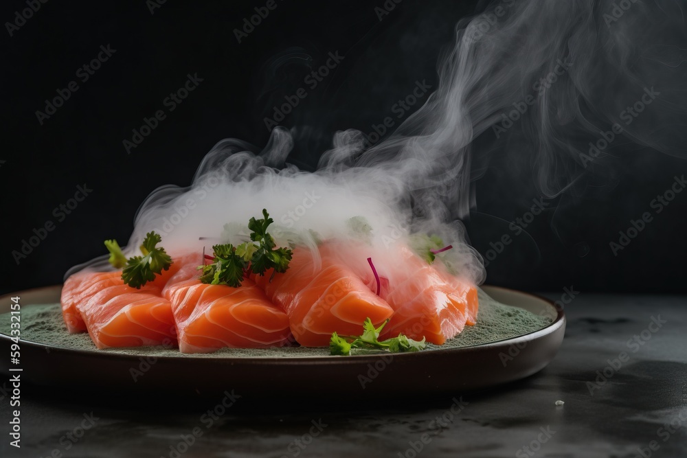  a plate of salmon with smoke coming out of the top of the plate on a table with a black background 