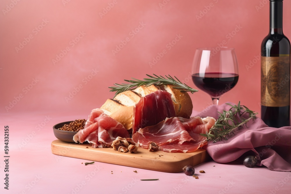  a wine glass and some meat on a board and a bottle of wine and a bottle of wine on a pink tableclot