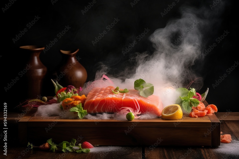  steam rising out of a piece of salmon on a cutting board with vegetables and a vase in the backgrou