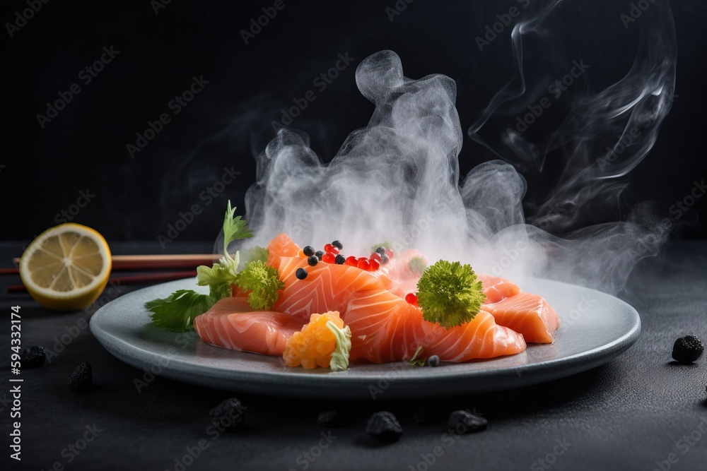  a plate of salmon and broccoli on a black table with smoke coming out of it and a lemon slice on th