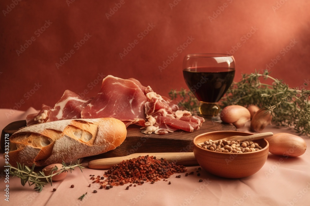  a table topped with bread, meat, and other foods next to a glass of red wine and a bottle of wine o