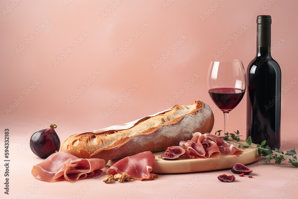  a bottle of wine, a glass of wine, a loaf of bread, and a piece of meat on a plate with a garnish. 