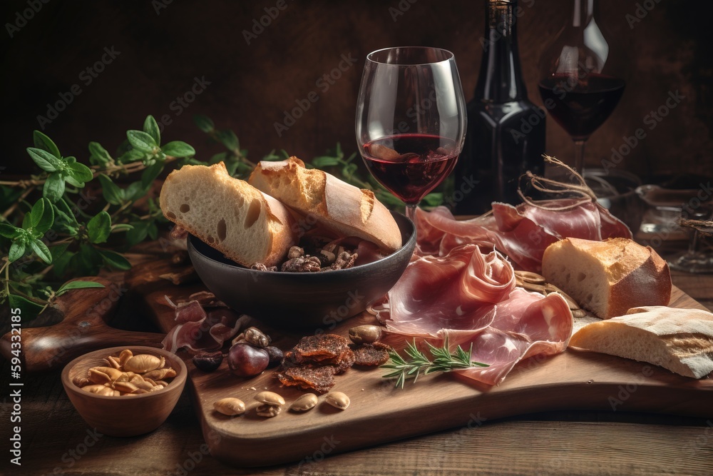  a wooden cutting board topped with lots of food next to a glass of wine and a bottle of wine on top