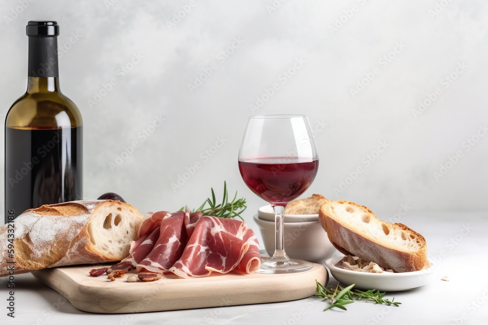  a table with bread, meat and a glass of wine and a bottle of wine on the side of the table is a bot