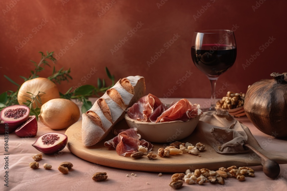  a table topped with a bowl of food and a glass of wine next to a bowl of meat and nuts on a cutting