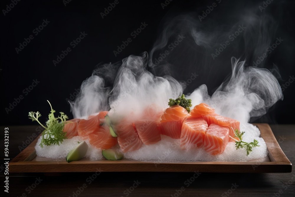  a wooden tray topped with lots of sushi next to steam rising out of the top of the tray on top of a