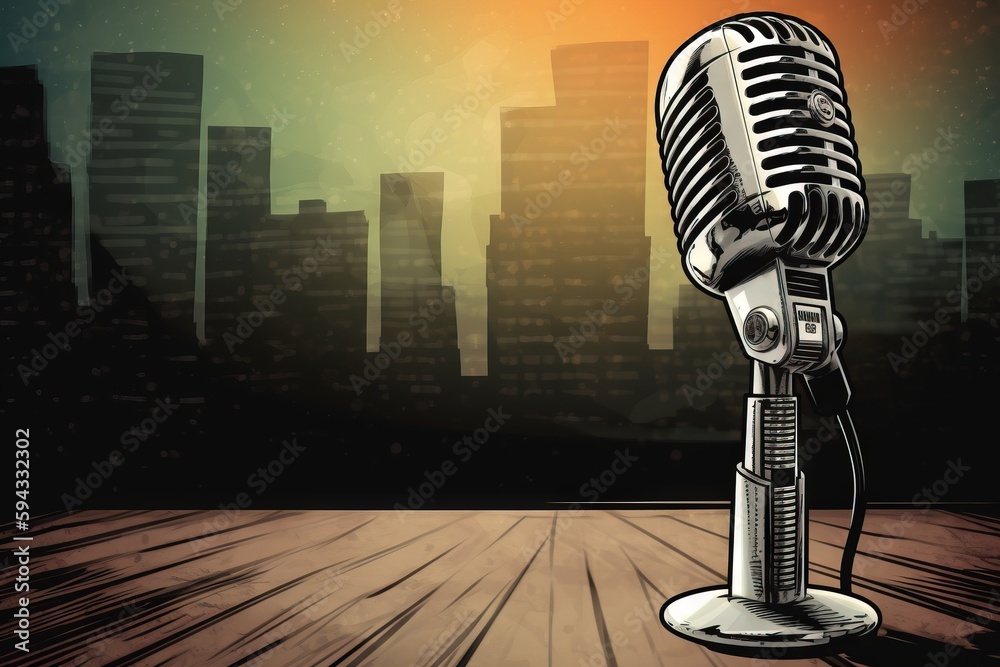  an old fashioned microphone on a wooden floor in front of a cityscape with a sun setting in the bac