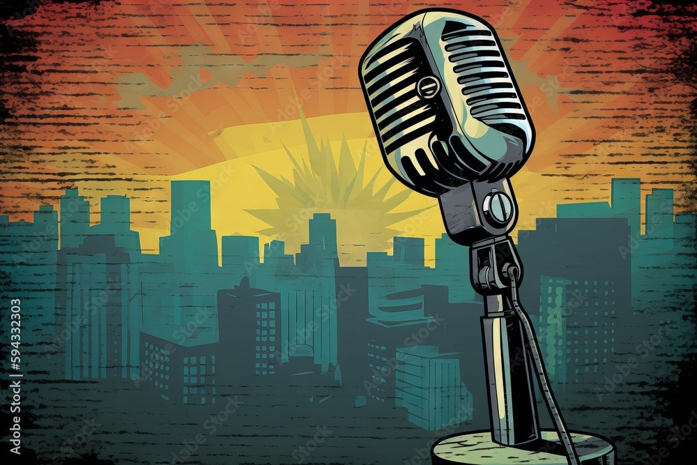  a microphone with a city skyline in the background at sunset or sunrise or sunset in the background