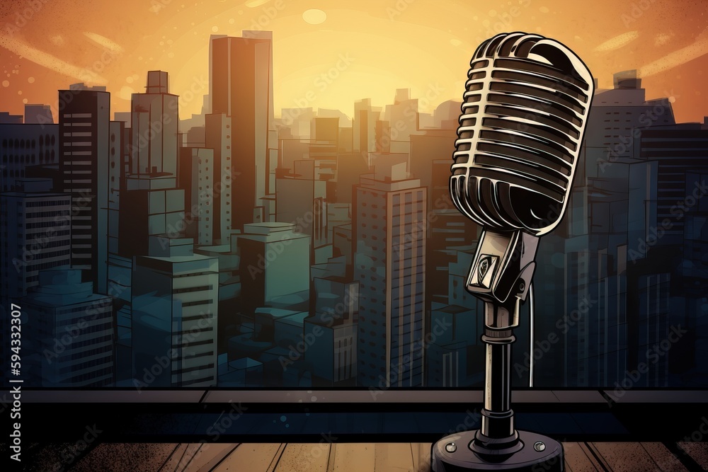  a microphone on a table in front of a cityscape with a sunset in the background and a cityscape in 