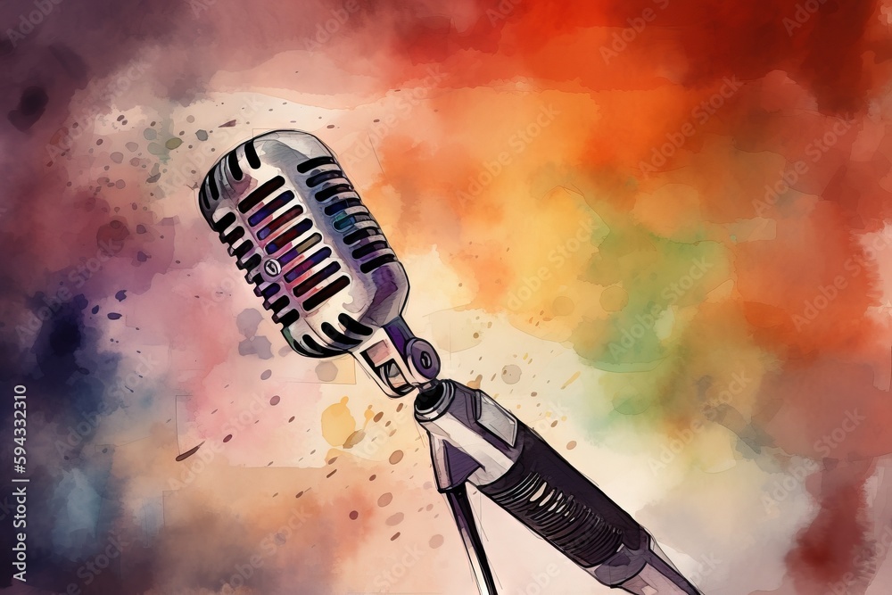  a microphone on a colorful background with a splash of watercolor paint behind it and a spray of wa