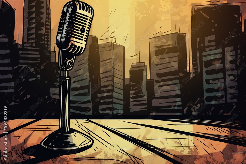  a microphone is sitting in front of a cityscape with skyscrapers in the background and the sun shin