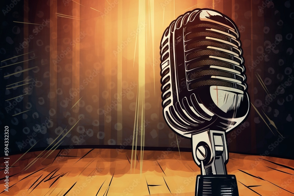  a microphone sitting on top of a wooden floor next to a wall of sound notes on a wallpapered wall b