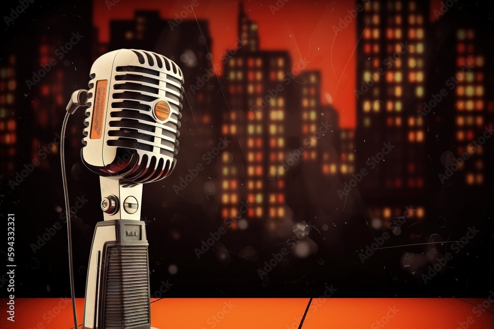  an old fashioned microphone on a table in front of a cityscape at night with lights shining on the 